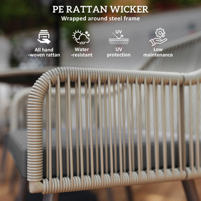 Outsunny 4 Seater Rattan Dining Set, Rattan Garden Furniture Set with Parasol Hole, Outdoor Dining Table and Chairs Set with Cushions, Round Glass Top Table for Patio, Balcony, Light Brown 