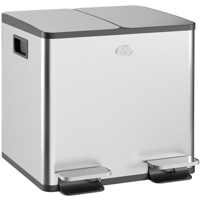 HOMCOM 30L Dual Compartment Stainless Steel Bin, with Deodoriser Holders - Silver Tone 