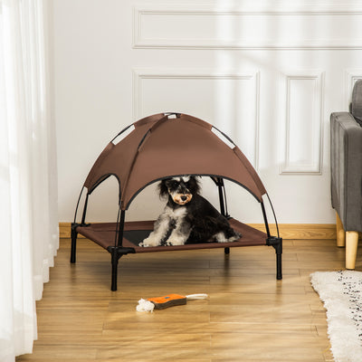 PawHut Raised Dog Bed Waterproof Elevated Pet Cot with Breathable Mesh UV Protection Canopy Coffee, for Medium Dogs, 76 x 61 x 73cm 