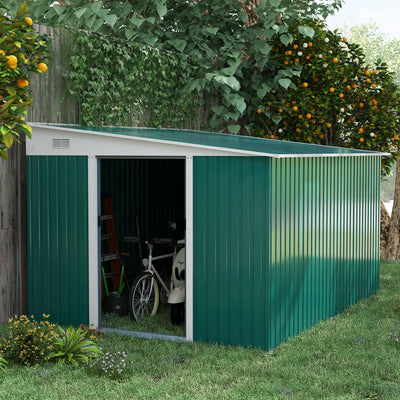 Outsunny Garden Metal Storage Shed Outdoor Metal Tool House with Double Sliding Doors and 2 Air Vents, 11.3x9.2ft, Green 
