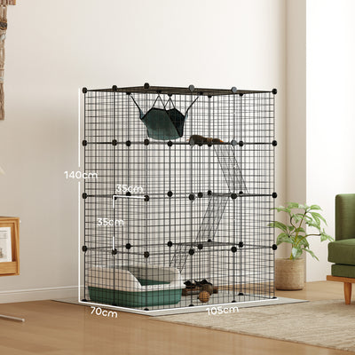 PawHut 4-Tier DIY Large Cat Cage with Hammock, Ramps, 5 Doors, Indoor Use for 1-3 Cats, Black 