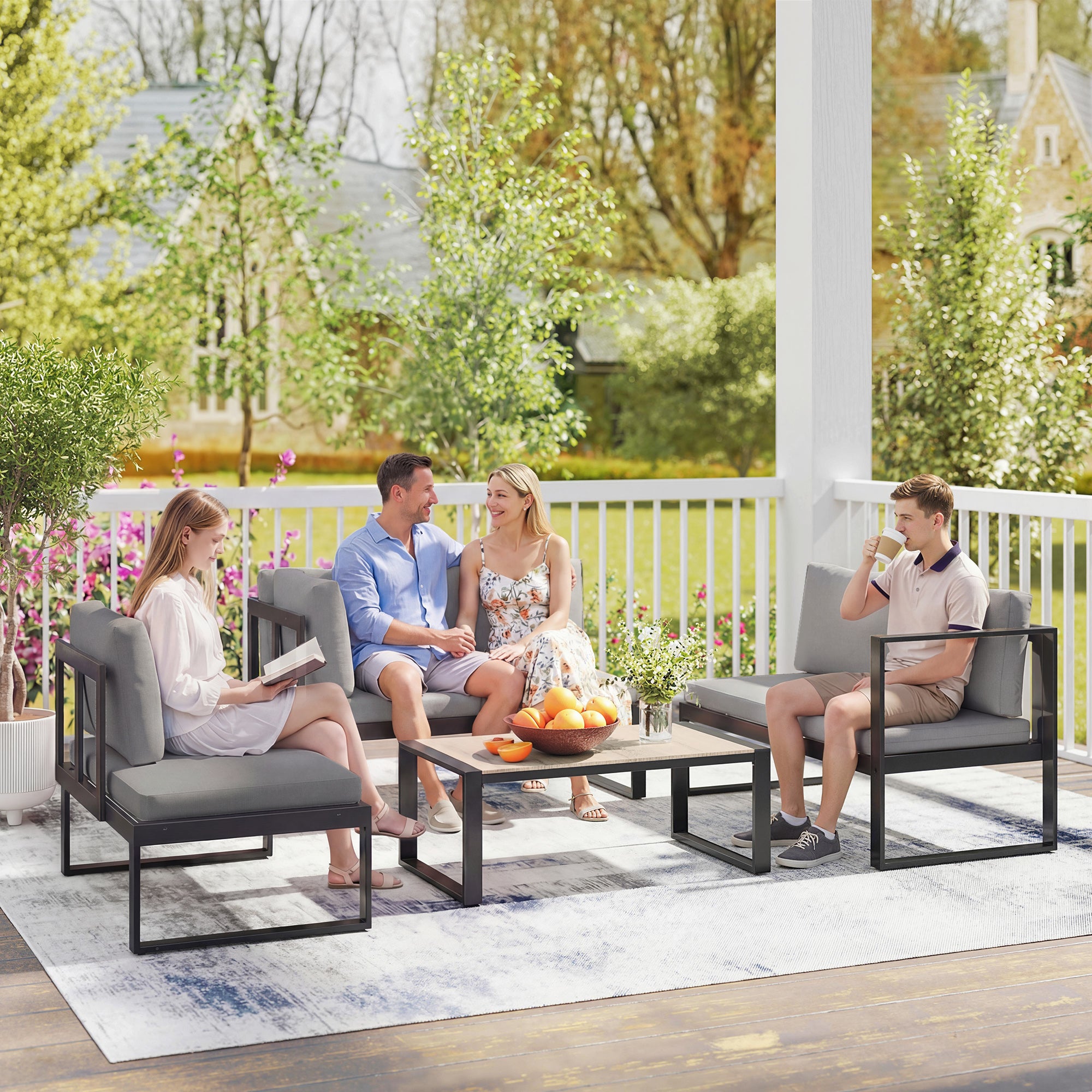 Outsunny 4 Piece Garden Furniture Set, Garden Sofa Set with 2 Loveseats, Armless Chair, Coffee Table for Balcony, Dark Grey 