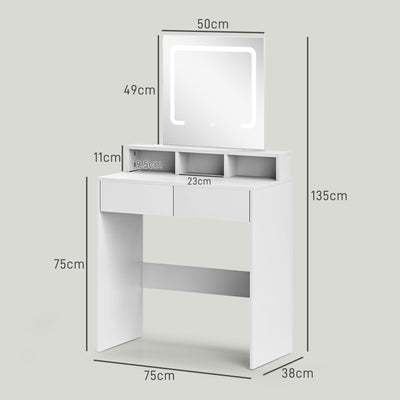 HOMCOM Dressing Table with Mirror and LED Lights, Vanity Table with 2 Drawers, 3 Compartments, 3 Colour Lighting, for Bedroom, Modern Dresser Makeup Desk for Women and Girls, White 