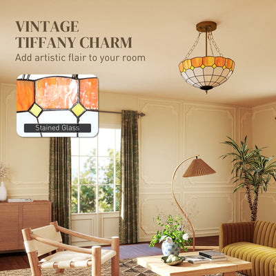 HOMCOM Tiffany Style Ceiling Light, Vintage Chandelier with 3 E27 Sockets, Semi Flush Mount for Living Room, Bulbs Not Included 