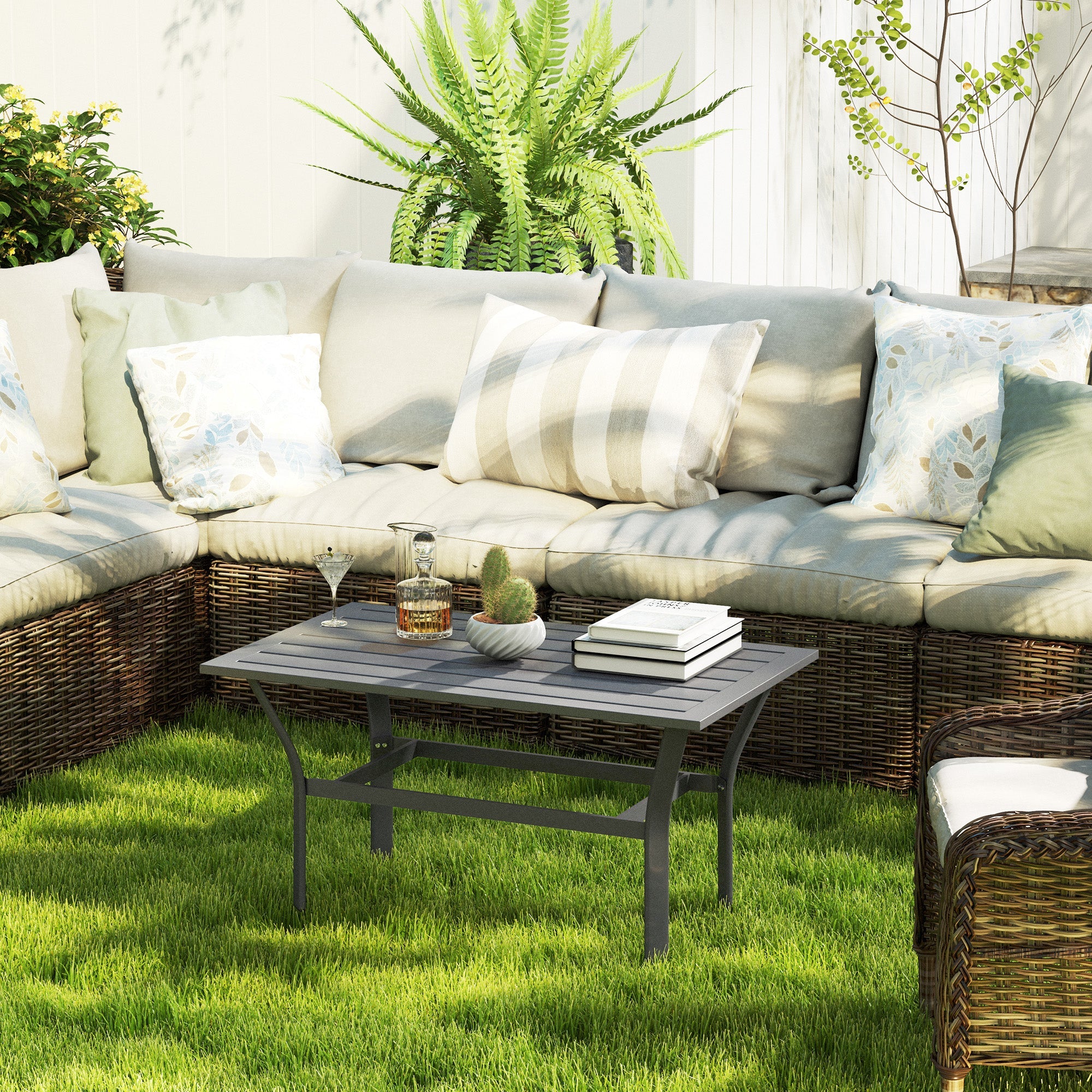 Outsunny Metal Garden Coffee Table, Rectangular Outdoor Side Table with Slatted Tabletop, Foot Pads for Outside, Garden, Balcony, Porch, 91.5 x 55 x 45cm, Dark Grey 