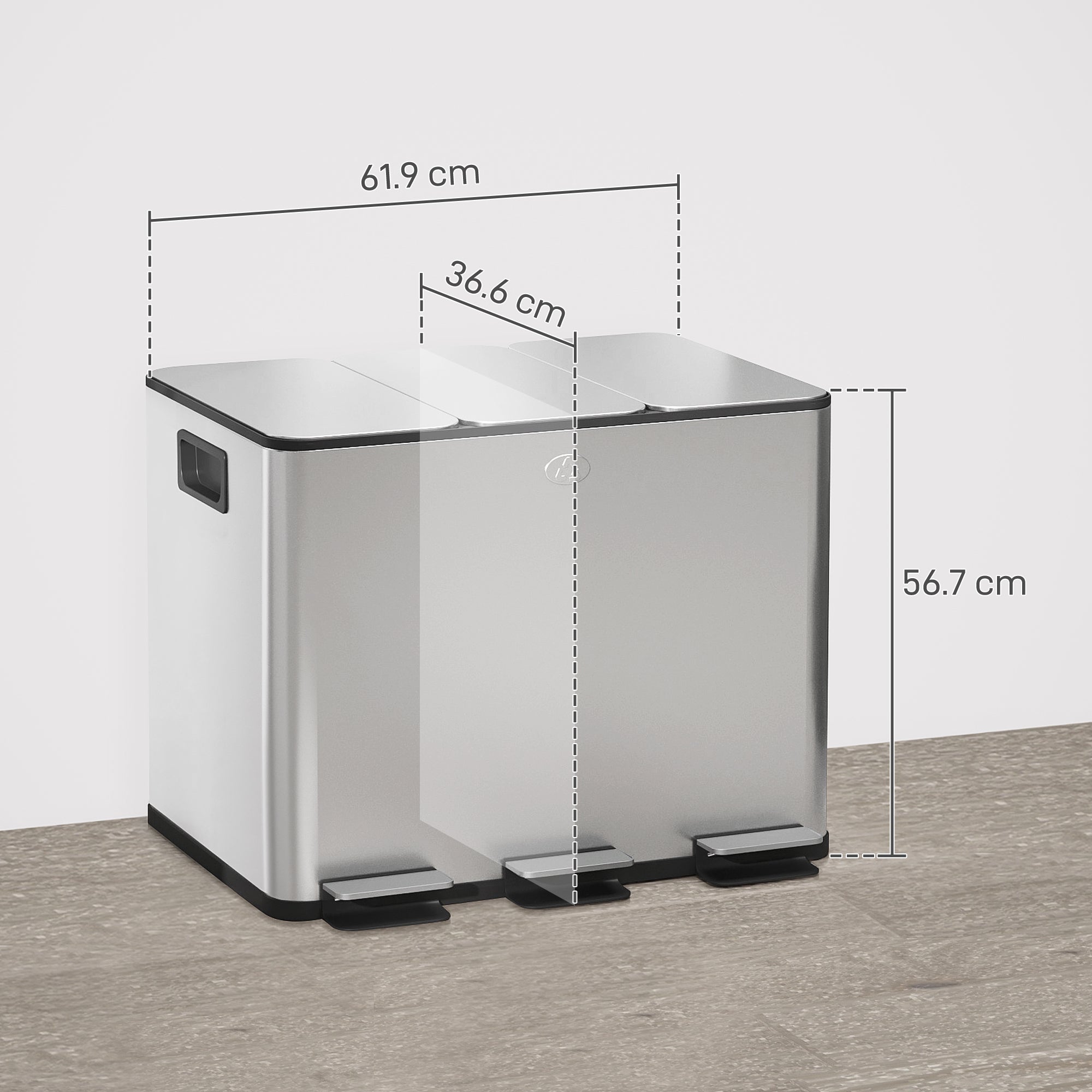 HOMCOM 3 x 20L Pedal Bin, Steel Triple Kitchen Bin with Soft Close Lid, Removable Inner Buckets, Fingerprint-Proof, Silver Tone 