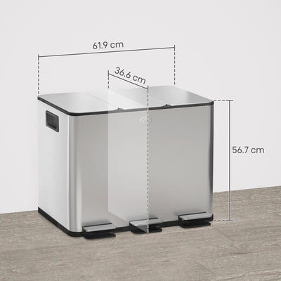 HOMCOM 3 x 20L Pedal Bin, Steel Triple Kitchen Bin with Soft Close Lid, Removable Inner Buckets, Fingerprint-Proof, Silver Tone 
