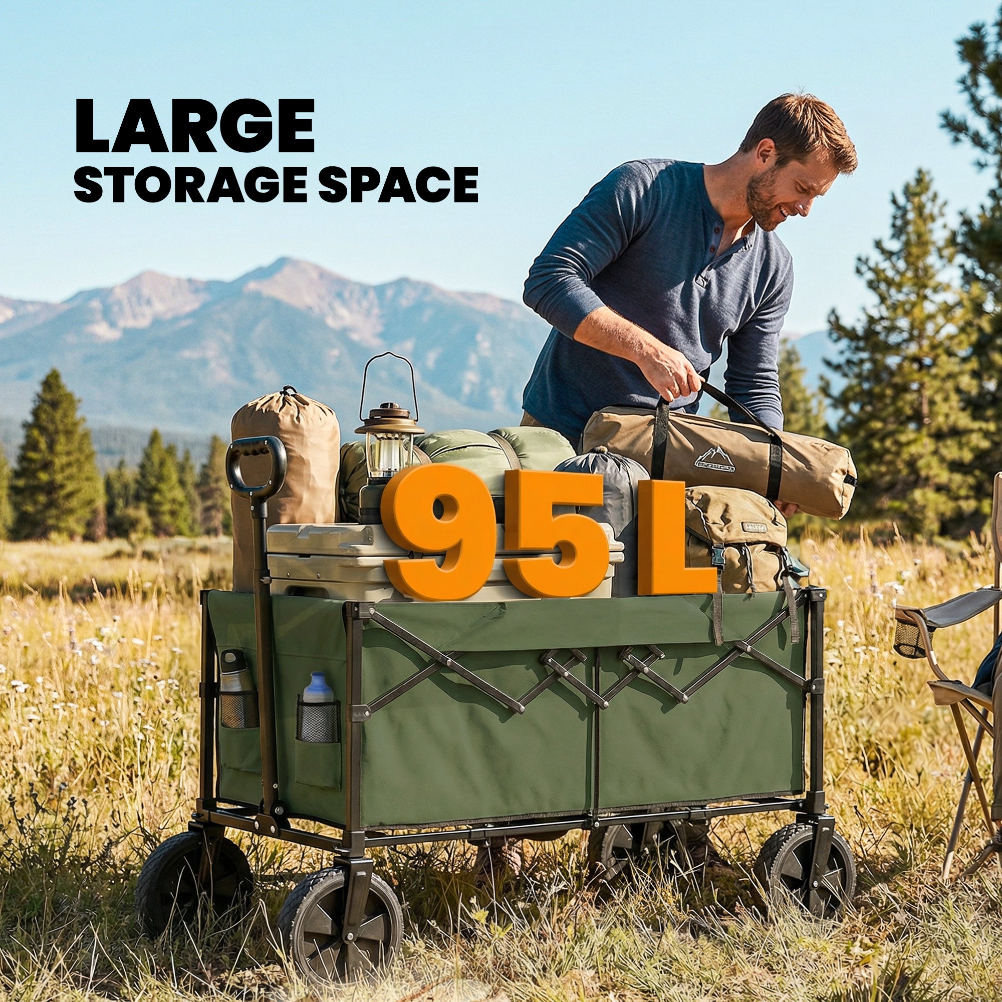 Outsunny 95L Foldable Festival Trolley on Wheels, Collapsible Wagon Cart with Adjustable Handle and 2 Cup Holders, Dark Green 