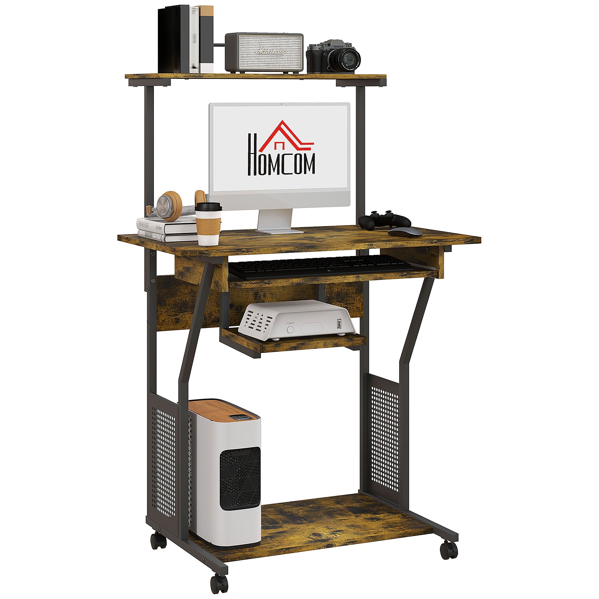 HOMCOM Multi-Storage Work Desk, with Sliding Keyboard Tray - Brown/Black 
