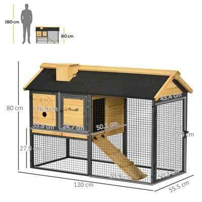 PawHut Outdoor Rabbit Hutch, with Run, Removable Tray, Asphalt Roof, 120 x 55.5 x 80cm 