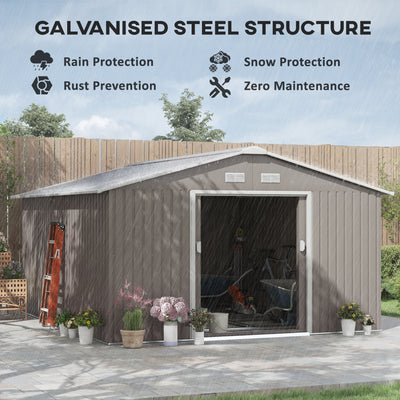 Outsunny 13 x 11ft Garden Metal Storage Shed Outdoor Storage Shed with Foundation Kit Ventilation & Doors, Light Grey 