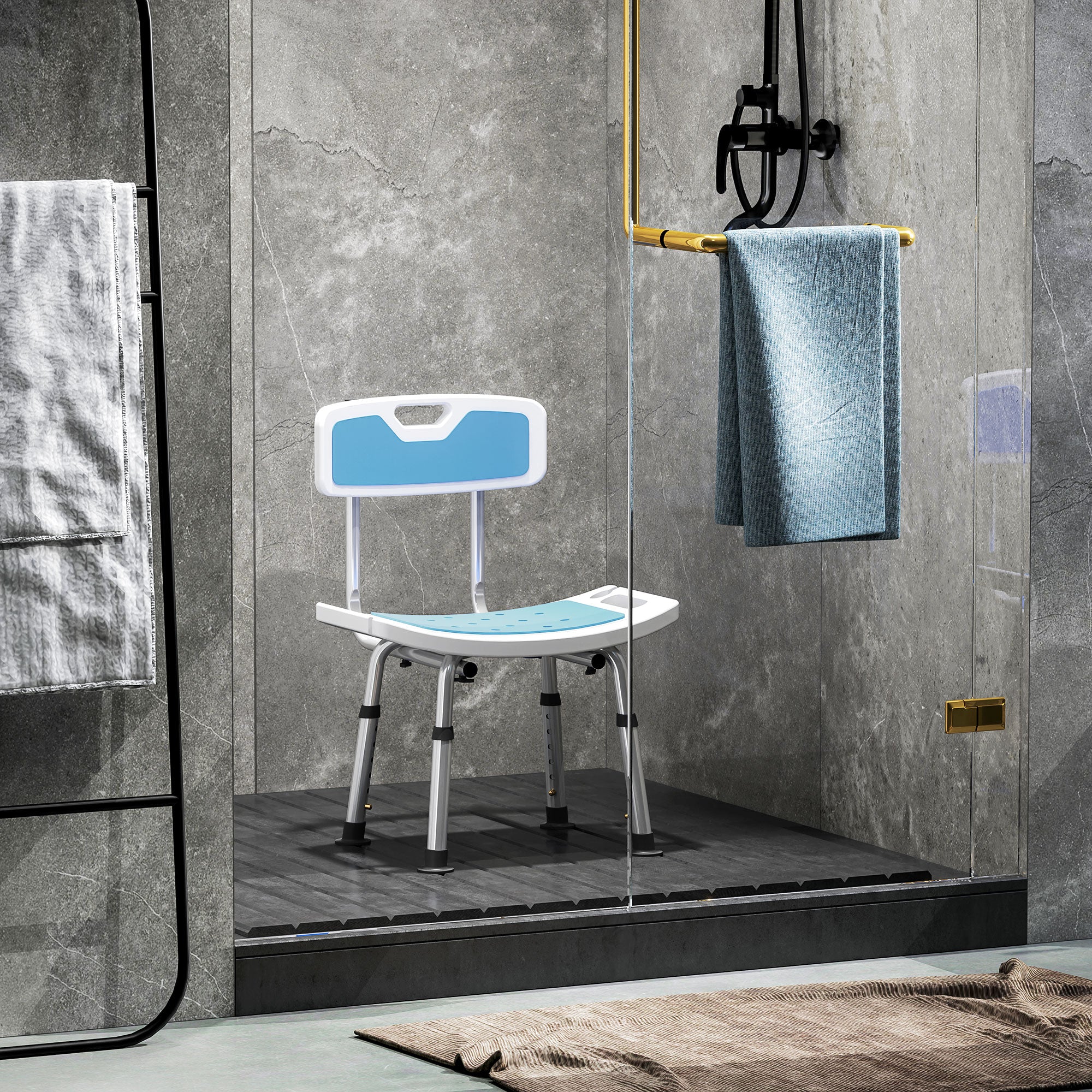 HOMCOM Shower Stool with Backrest, Height Adjustable Shower Chair with Anti-slip Foot Pads, Shower Head Holder, Light Blue 