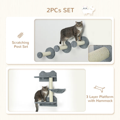 PawHut 4 Piece Cat Shelf with Scratching Post, Wall-Mounted Cat Tree for Indoor Cat - Grey 