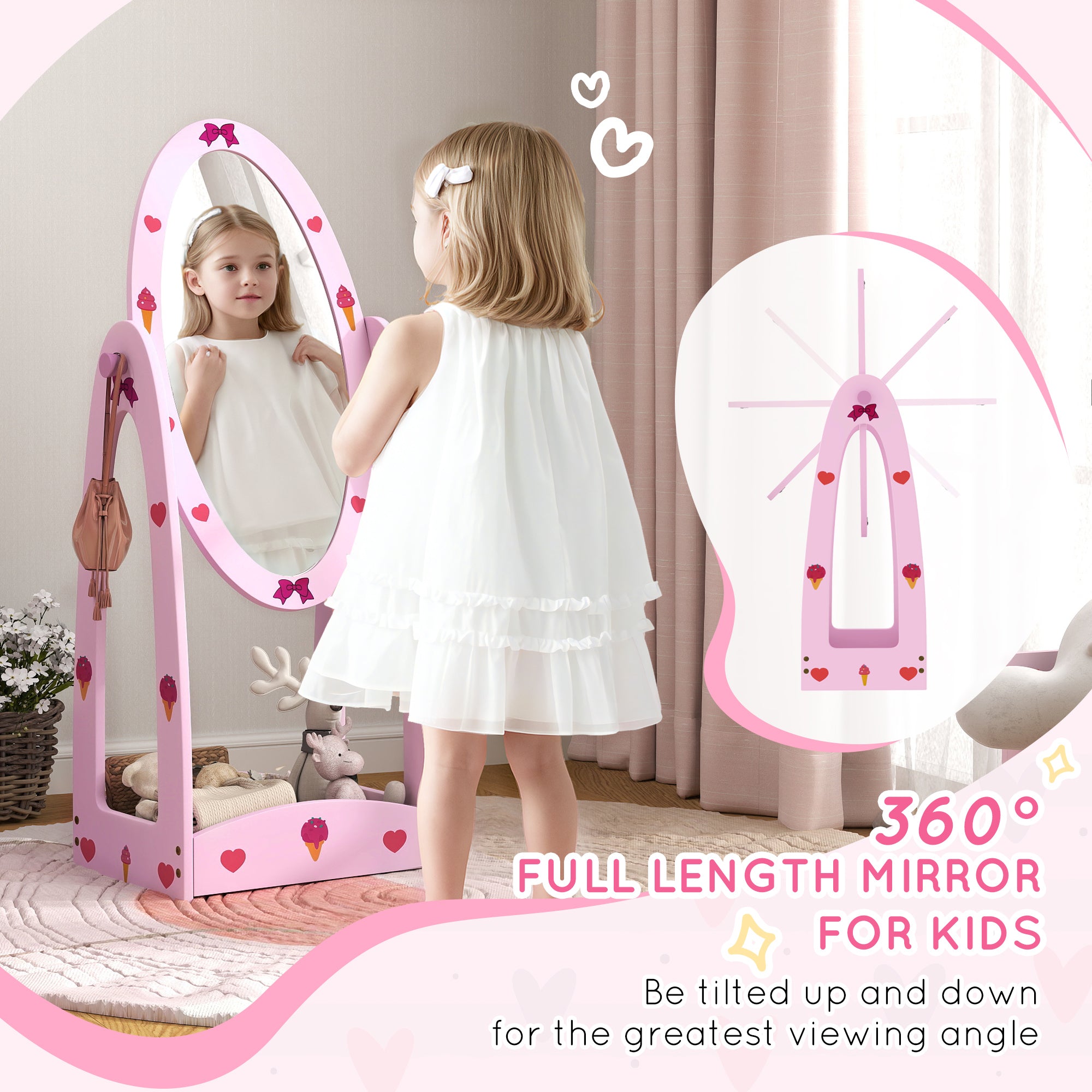 AIYAPLAY Kids Full Length Mirror, 360\'c2\'b0 Rotating Children Standing Mirror with Storage Shelf, Hot Pink