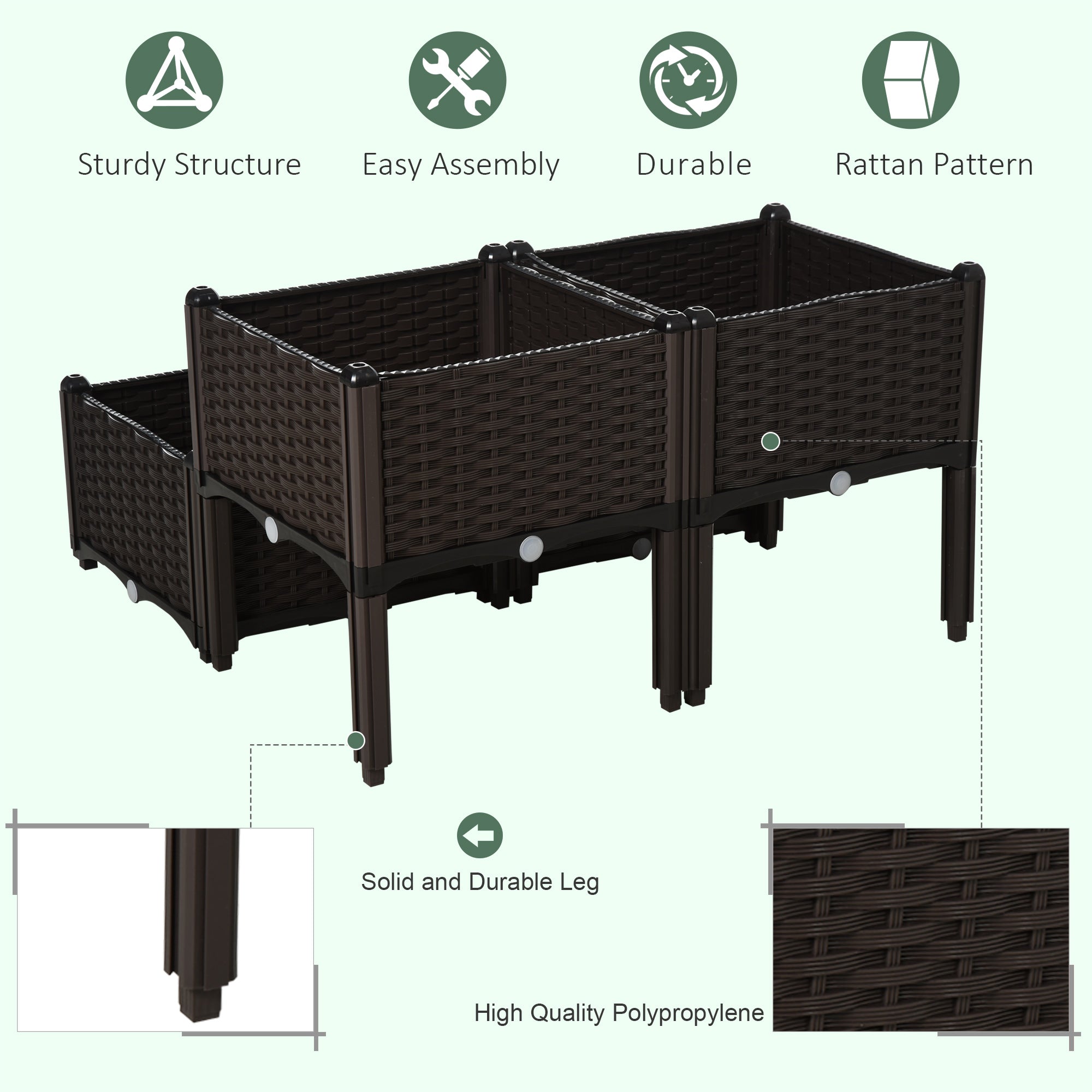 Outsunny Set of 4 26L Garden Raised Bed Elevated Patio Flower Plant Planter Box PP Vegetables Planting Container, Brown 