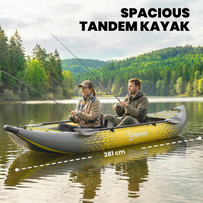 Outsunny 12.5' Inflatable Kayak Set, 2-person Sit on Canoe with Aluminium Oars, Grey and Yellow 