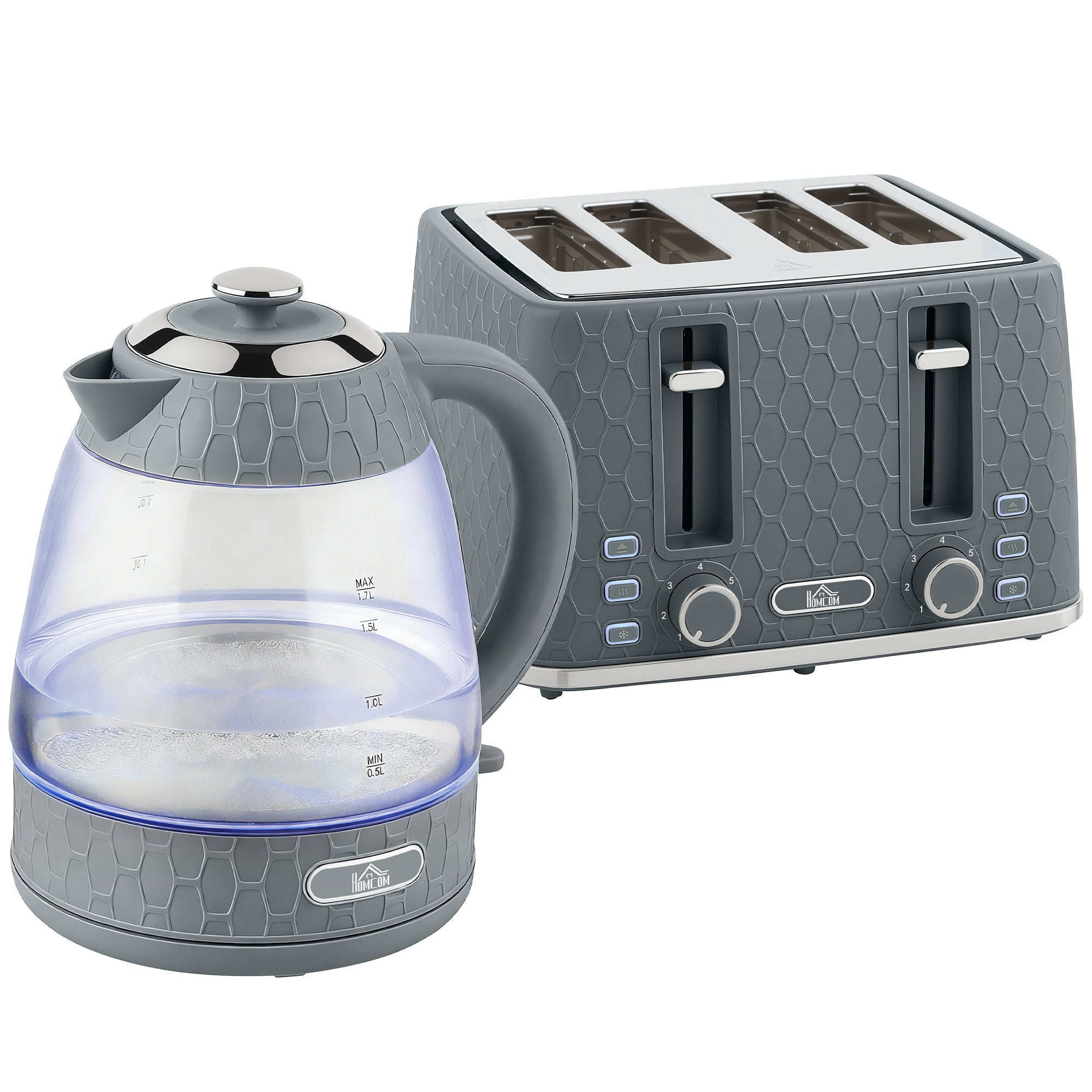 HOMCOM Kettle and Toaster Set, 1.7L 3000W Rapid Kettle with Strix Thermostat, 4 Slice Toaster with 7 Browning Controls, Grey 