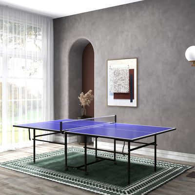 SPORTNOW 9FT Folding Table Tennis Table with Four Wheels, for Indoor Use, Blue 