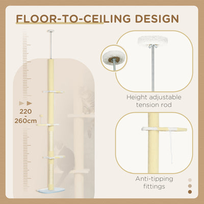 PawHut 260cm Adjustable Floor-To-Ceiling Cat Tree w/ Anti-Tipping Kit, Toy Ball 