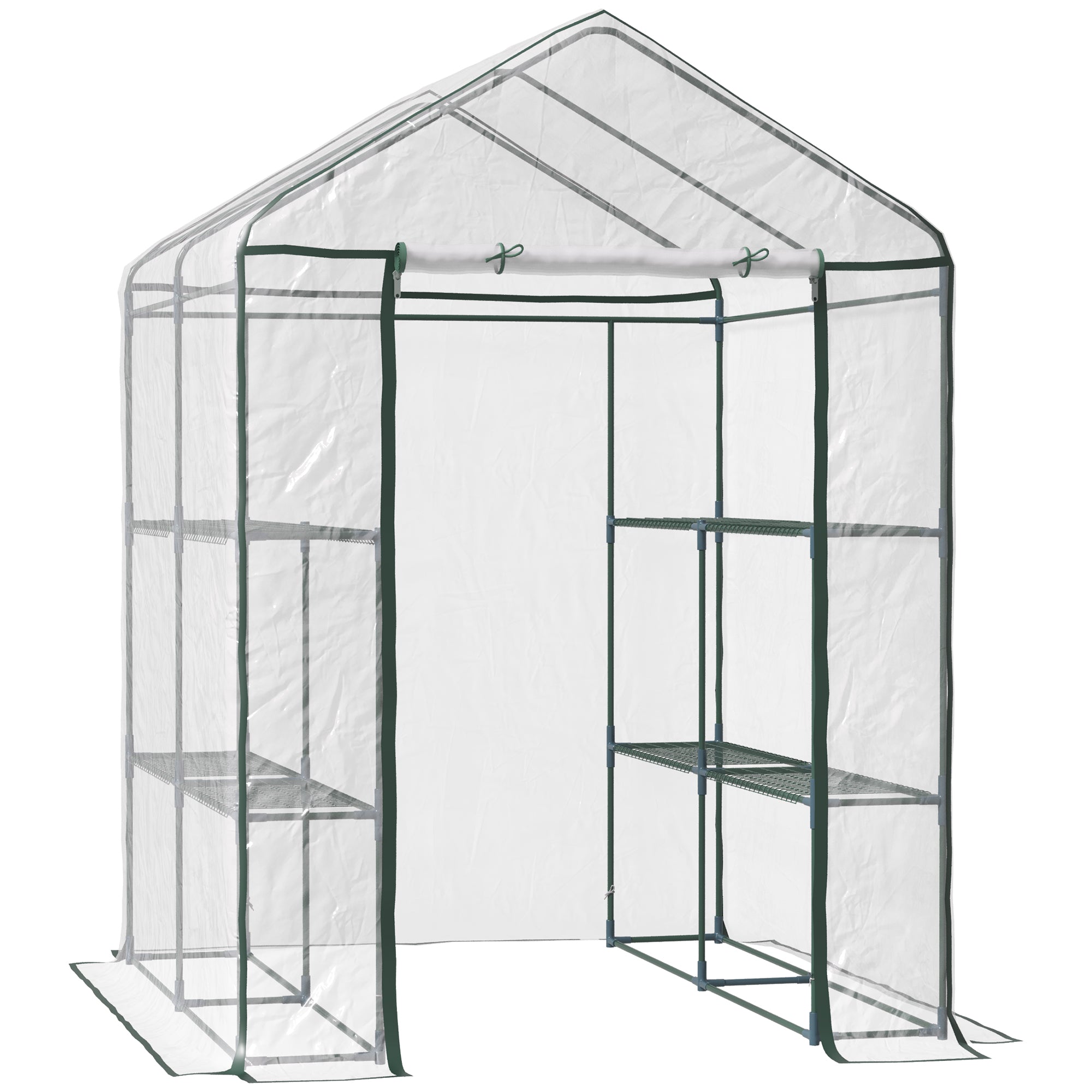 Outsunny Walk in Greenhouse with 3-Tier 8 Shelves, Green House with Hemmed Cover, Roll-up Zipped Door, Steel Frame, 143 x 143 x 195cm 