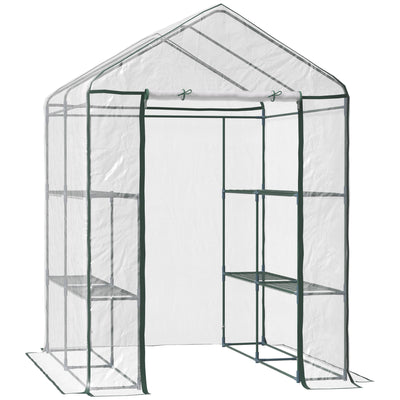Outsunny Walk in Greenhouse with 3-Tier 8 Shelves, Green House with Hemmed Cover, Roll-up Zipped Door, Steel Frame, 143 x 143 x 195cm 