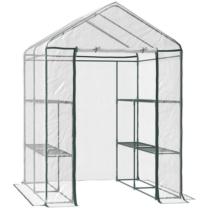 Outsunny Walk in Greenhouse with 3-Tier 8 Shelves, Green House with Hemmed Cover, Roll-up Zipped Door, Steel Frame, 143 x 143 x 195cm 