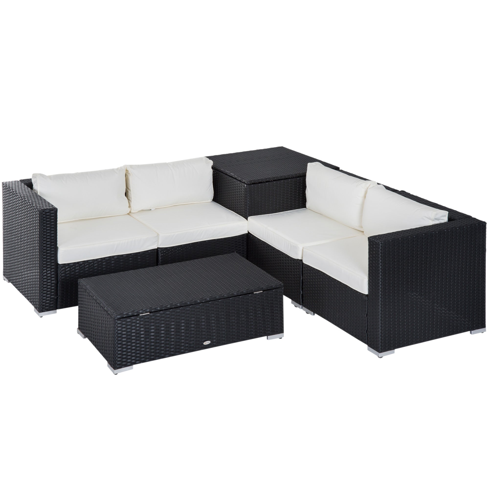 Outsunny 6 Pieces Rattan Garden Furniture Set, 4 Seater Wicker Garden Corner Sofa Set with 2 Storage Tables and Loveseats, Outdoor Conversation Furniture with Cushions for Conservatory, Patio, Black 