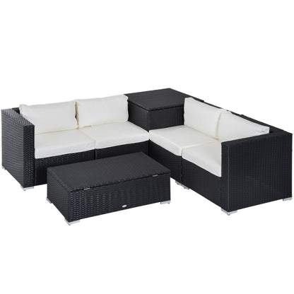 Outsunny 6 Pieces Rattan Garden Furniture Set, 4 Seater Wicker Garden Corner Sofa Set with 2 Storage Tables and Loveseats, Outdoor Conversation Furniture with Cushions for Conservatory, Patio, Black 