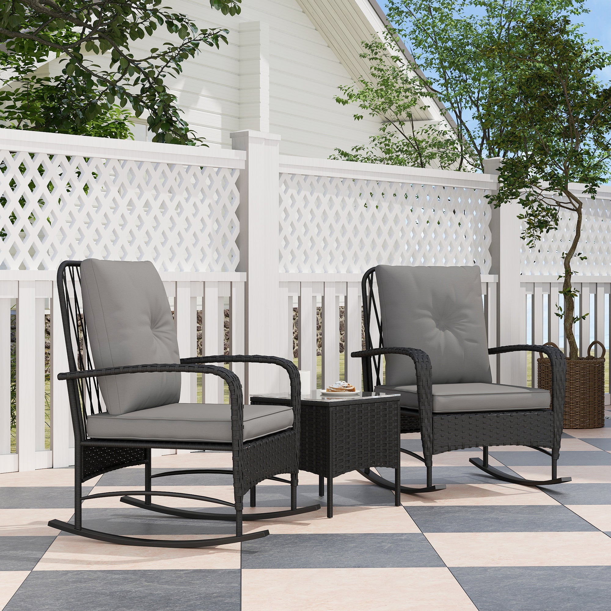 Outsunny Three-Piece Rocking Chair Rattan Bistro Set - Black 