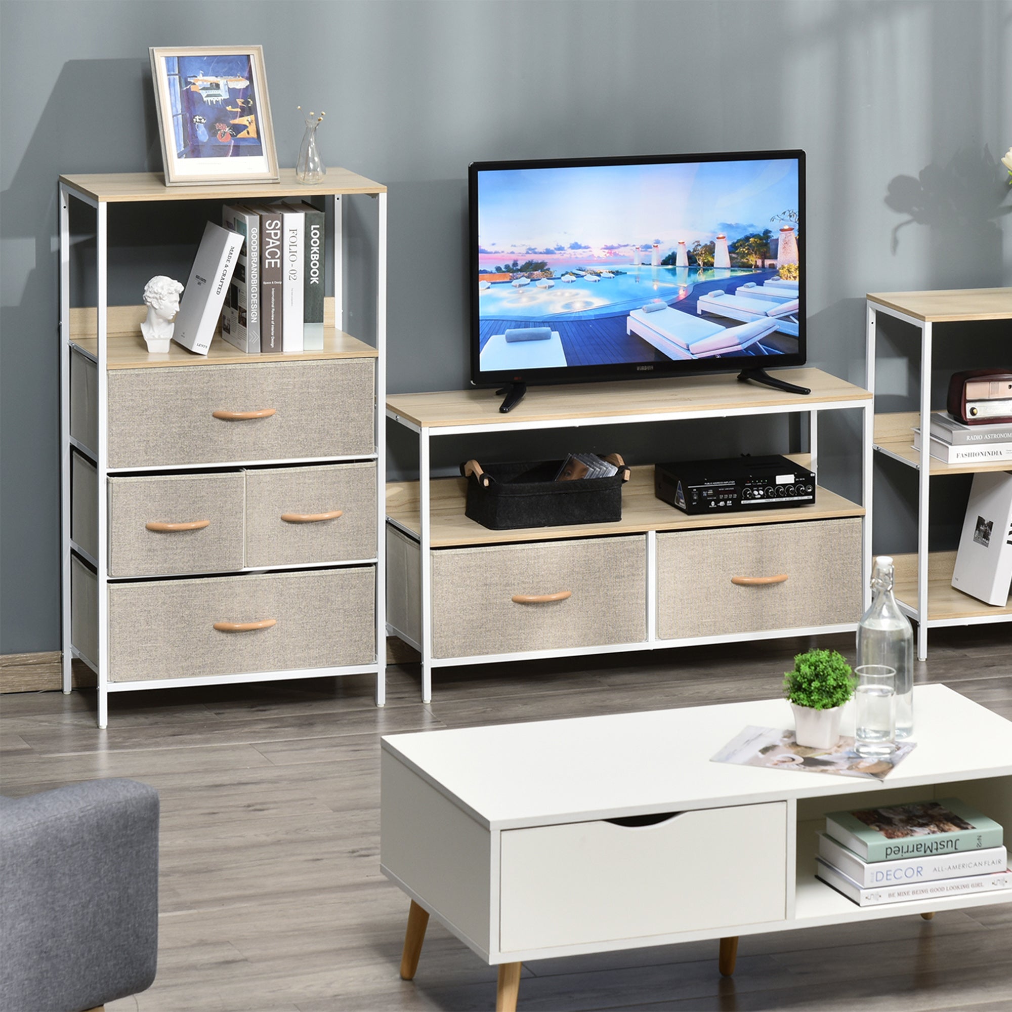 HOMCOM 4 Drawer Storage Chest Unit Home Cabinet w/ Shelves Home Living Room Bedroom Entryway Living Furniture, Light Grey 