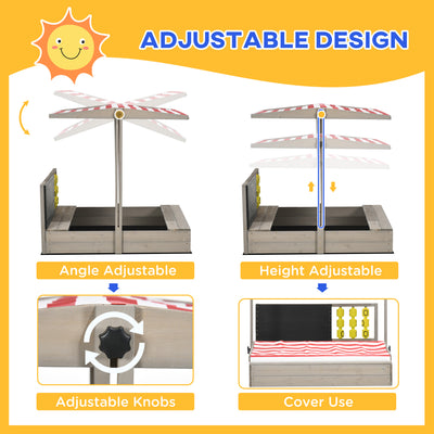 Outsunny Kids Wooden Sandpit, sandbox with canopy & Seats, for Gardens - Grey 