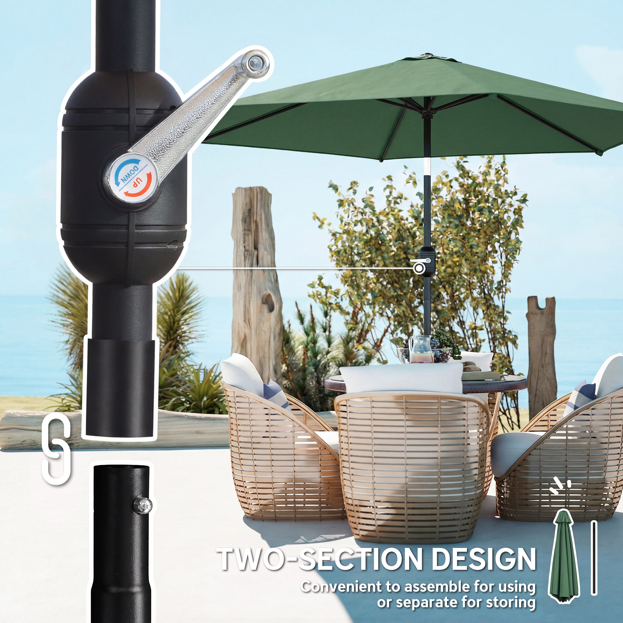 Outsunny 2.6 m Garden Parasol Umbrella with Aluminium Pole, Outdoor Patio Umbrella with Tilt and Crank, Vent, Dark Green 