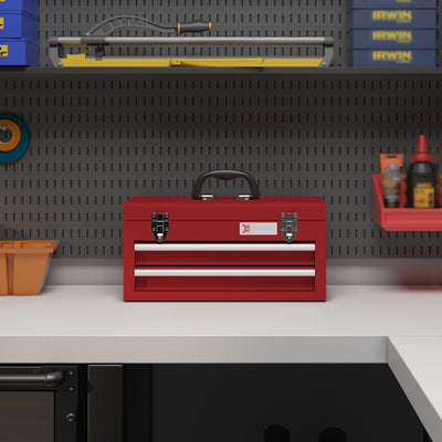 DURHAND Lockable Metal Tool Box, 2 Drawer Tool Chest with Latches, Handle, Ball Bearing Runners, Red 