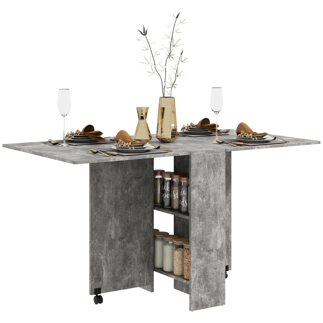 HOMCOM Folding Dining Table, Drop Leaf Table with 2-Tier Shelves, Rolling Casters, for Small Spaces, Kitchen, Cement Grey 