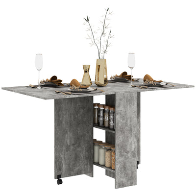 HOMCOM Folding Dining Table, Drop Leaf Table with 2-Tier Shelves, Rolling Casters, for Small Spaces, Kitchen, Cement Grey 