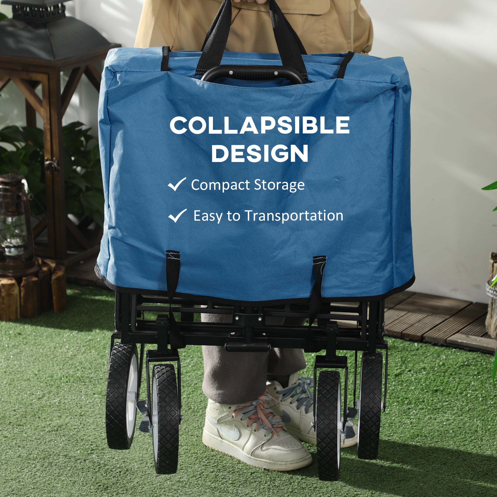 Outsunny 90L Folding Garden Trolley Cart Pull Along Wagon with Telescopic Handle for Beach Camping Festival - Navy Blue 