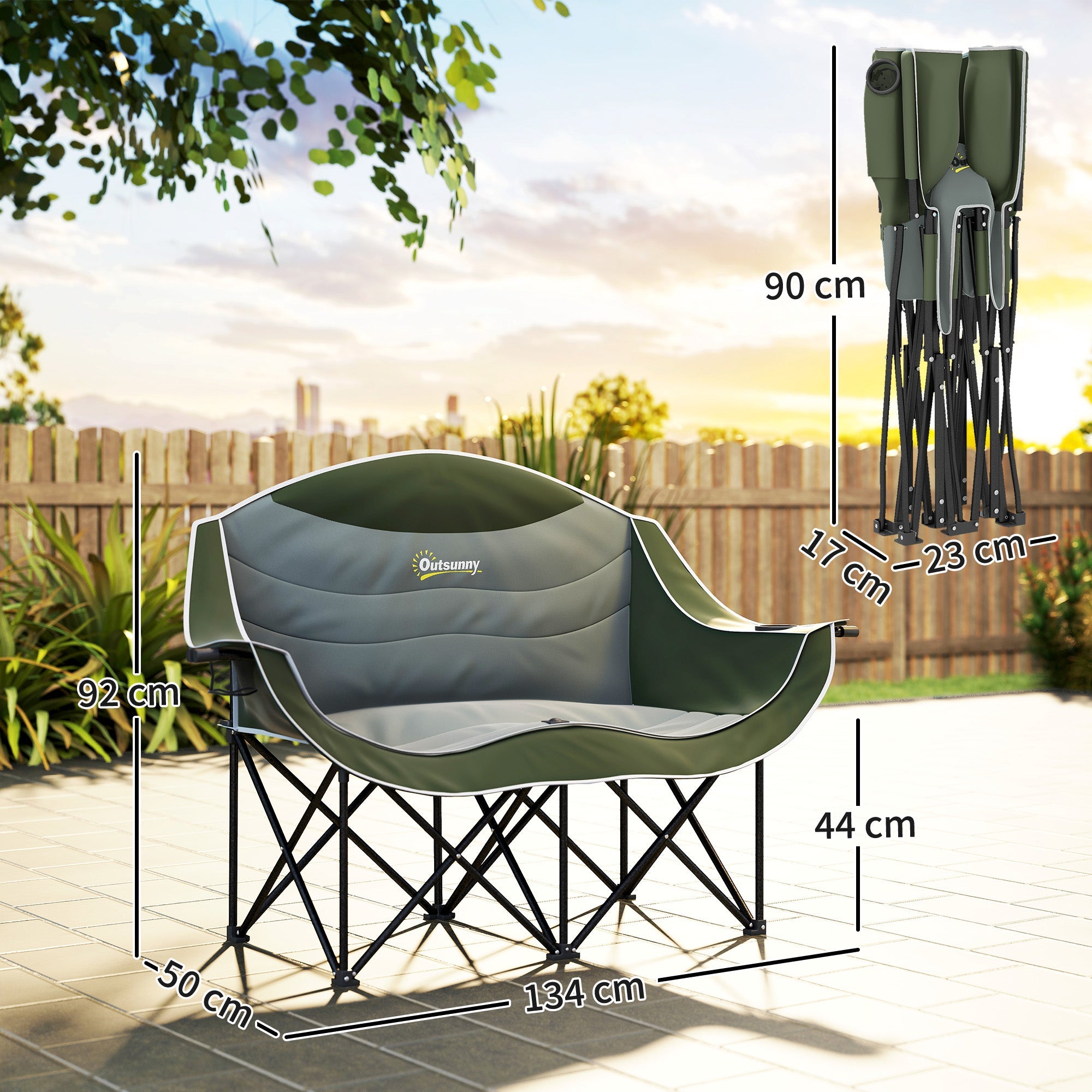 Outsunny Double Camping Chair for Adults, Oversized Heavy Duty Padded Folding Chair with Armrests, Cup Holders and Carry Bag for Outdoor Camping Hiking Picnic Fishing, 250kg Capacity, Green 