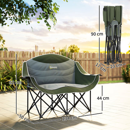 Outsunny Double Camping Chair for Adults, Oversized Heavy Duty Padded Folding Chair with Armrests, Cup Holders and Carry Bag for Outdoor Camping Hiking Picnic Fishing, 250kg Capacity, Green 