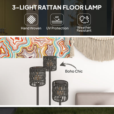 Outsunny Boho Rattan Floor Lamp, 3-Lights Rattan Lamp with Shelf, Freestanding Solar Garden Light with Auto On/Off Lights, Grey 