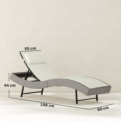 Outsunny Rattan Sun Lounger, Garden Recliner with 5 Position Adjustable Back, S Shaped Texteline Seat, Headrest, Cream White 