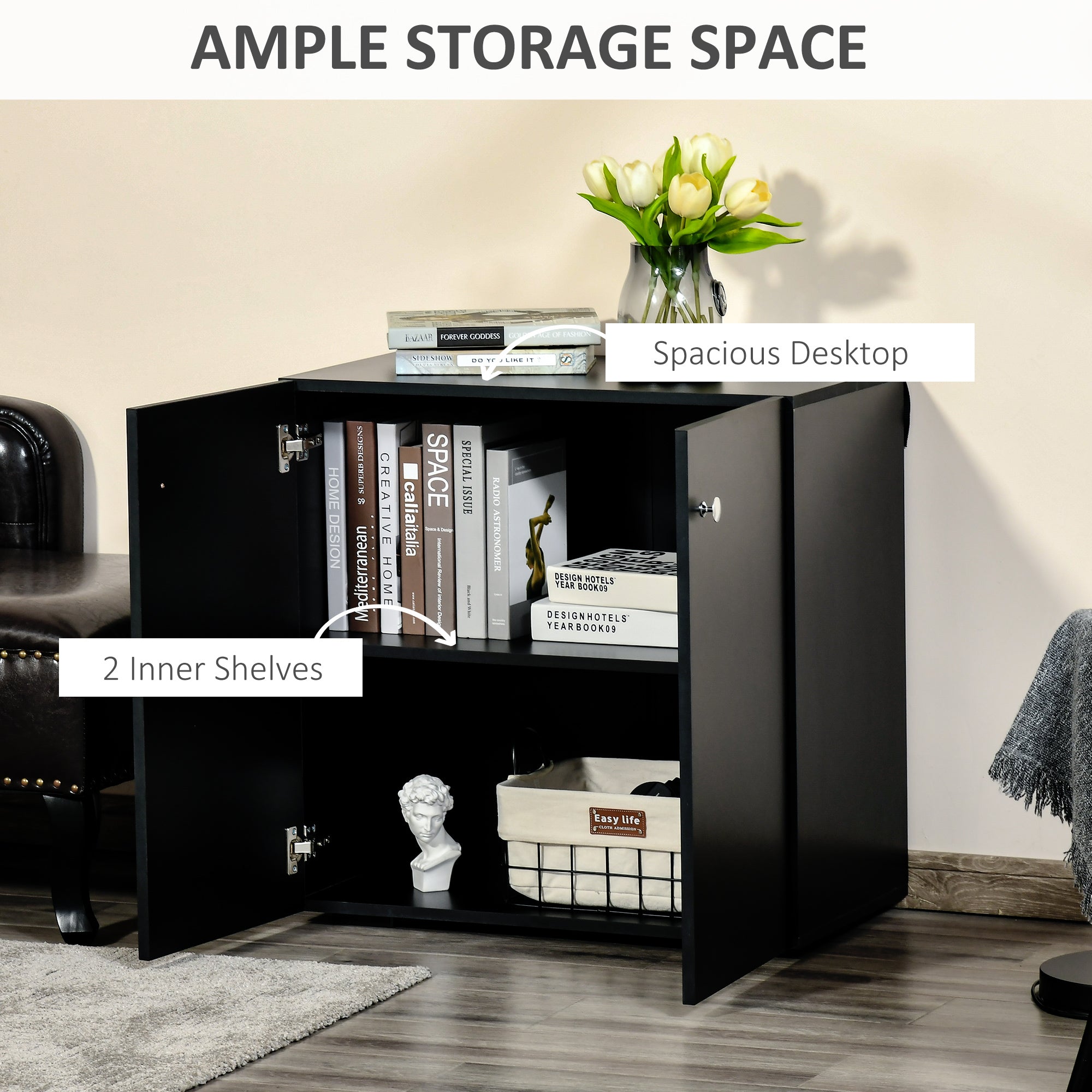 HOMCOM Storage Cabinet w/ Two Shelves Wooden Sideboard Freestanding Kitchen Cupboard Bookcase - Black 