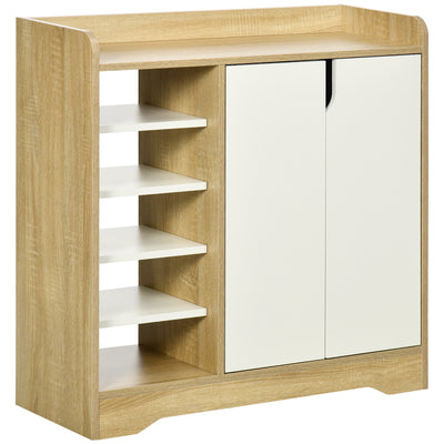 HOMCOM Shoe Storage with Double Doors and Open Shelves 13 Pair Shoe Storage Organizer for Entryway Hallway Natural and White 