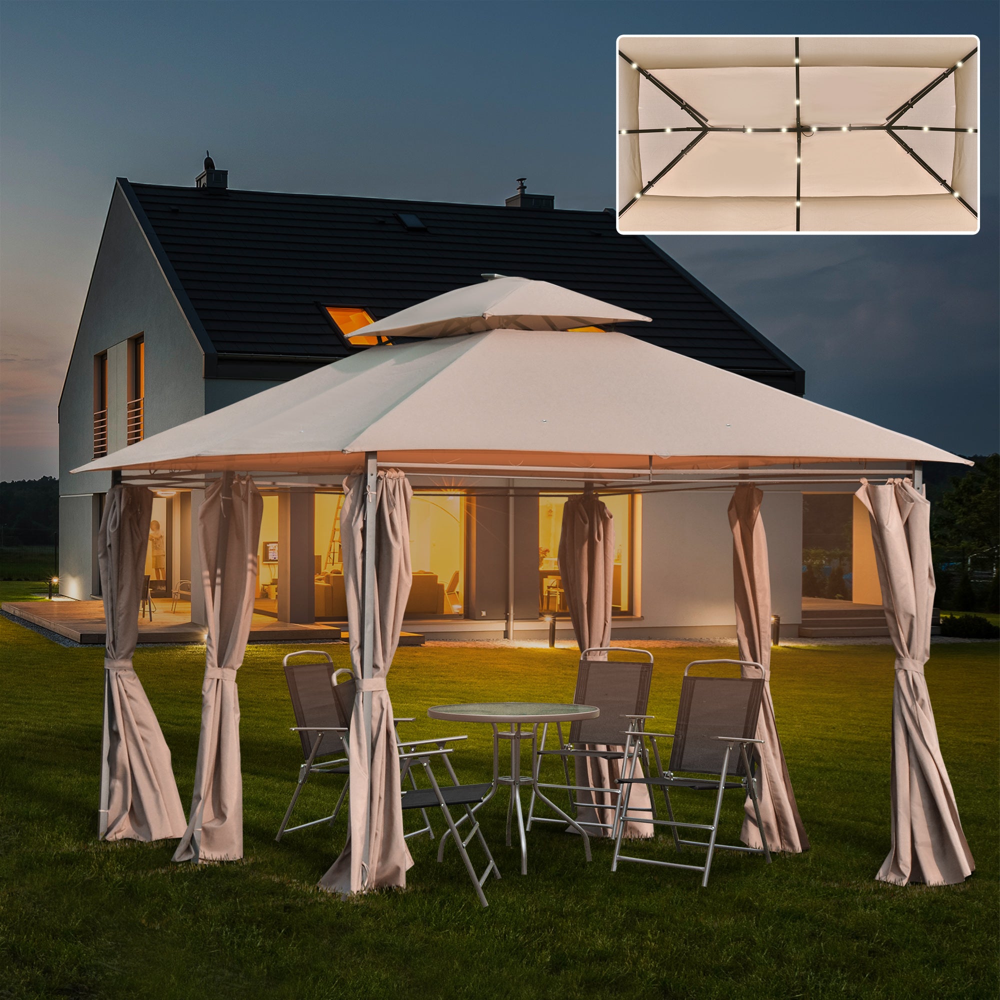 Outsunny 4 x 3(m) Outdoor Gazebo Canopy Party Tent Garden Pavilion Patio Shelter w/ LED Solar Light, Double Tier Roof, Curtains, Steel Frame, Khaki 