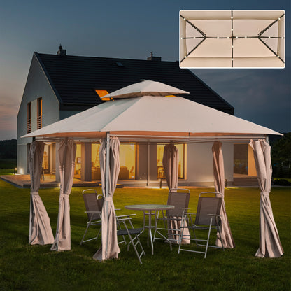 Outsunny 4 x 3(m) Outdoor Gazebo Canopy Party Tent Garden Pavilion Patio Shelter w/ LED Solar Light, Double Tier Roof, Curtains, Steel Frame, Khaki 