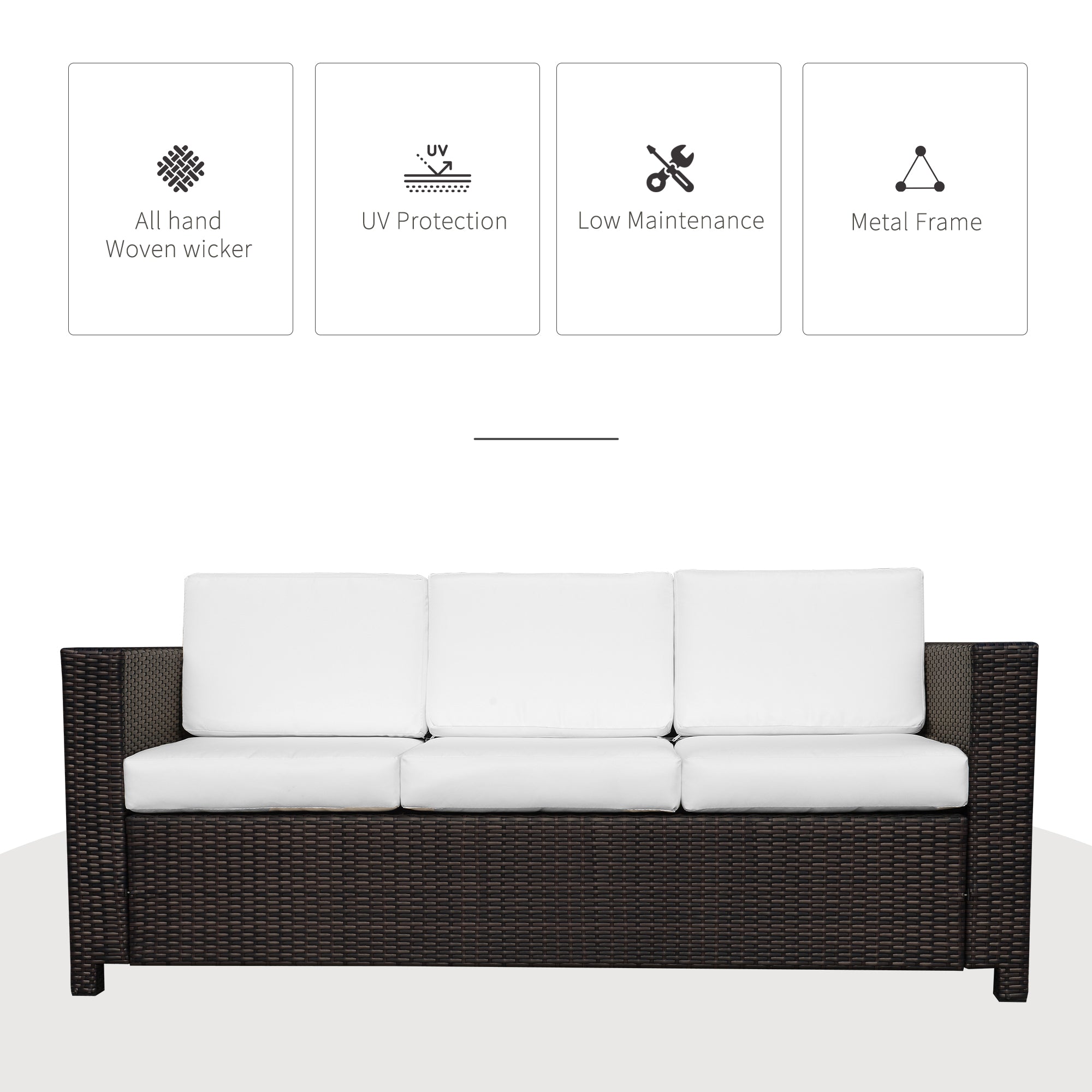 Outsunny 3 Seater Rattan Sofa All-Weather Wicker Weave Metal Frame Chair with Fire Resistant Cushio-Brown 