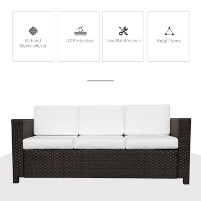 Outsunny 3 Seater Rattan Sofa All-Weather Wicker Weave Metal Frame Chair with Fire Resistant Cushio-Brown 