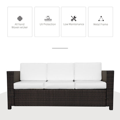 Outsunny 3 Seater Rattan Sofa All-Weather Wicker Weave Metal Frame Chair with Fire Resistant Cushio-Brown 