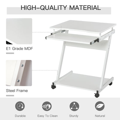 HOMCOM Movable Computer Desk with 4 Moving Wheels Sliding Keyboard Tray Home Office Workstation White 