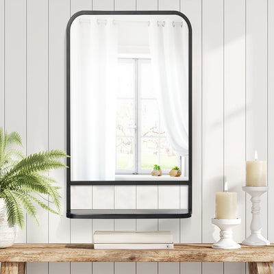 HOMCOM Modern Square Wall Mirror with Storage Shelf, 86 x 53 Mirrors for Living Room, Bedroom, Black 