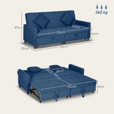 HOMCOM Three-Person Velvet-Feel Sofa Bed - Blue 